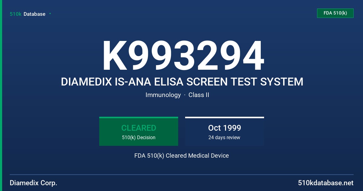K993294 DIAMEDIX IS-ANA ELISA SCREEN TEST SYSTEM FDA 510(k) Cleared Medical Device