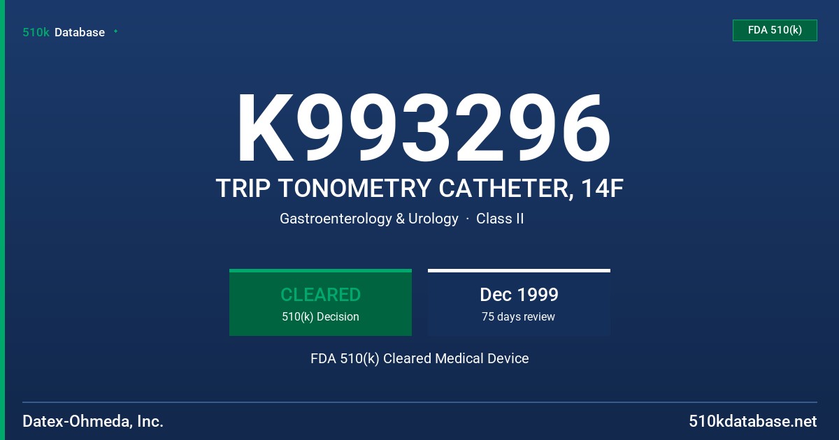 K993296 TRIP TONOMETRY CATHETER, 14F FDA 510(k) Cleared Medical Device