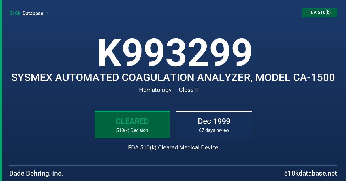 K993299 SYSMEX AUTOMATED COAGULATION ANALYZER, MODEL CA-1500 FDA 510(k) Cleared Medical Device