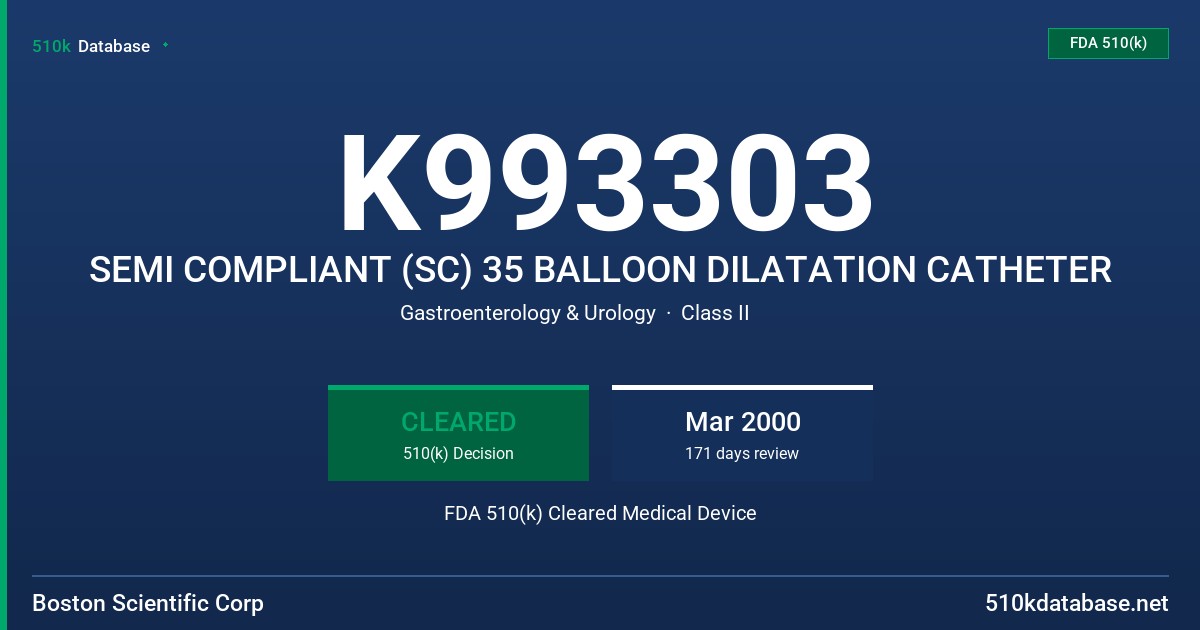 K993303 SEMI COMPLIANT (SC) 35 BALLOON DILATATION CATHETER FDA 510(k) Cleared Medical Device