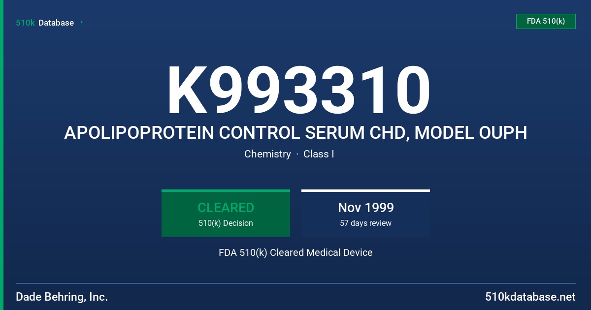 K993310 APOLIPOPROTEIN CONTROL SERUM CHD, MODEL OUPH FDA 510(k) Cleared Medical Device