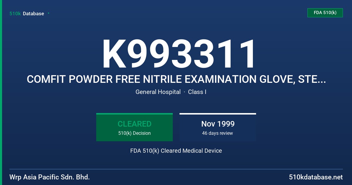 K993311 COMFIT POWDER FREE NITRILE EXAMINATION GLOVE, STERILE FDA 510(k) Cleared Medical Device