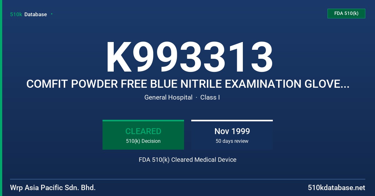 K993313 COMFIT POWDER FREE BLUE NITRILE EXAMINATION GLOVE, STERILE FDA 510(k) Cleared Medical Device
