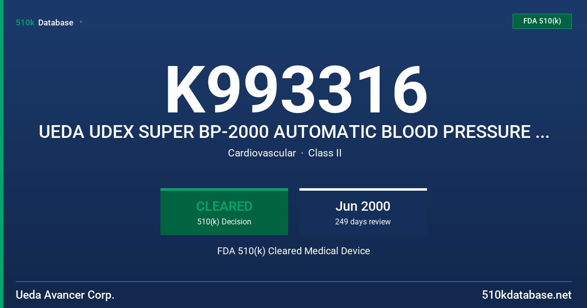 K993316 UEDA UDEX SUPER BP-2000 AUTOMATIC BLOOD PRESSURE RECORDING DEVICE FDA 510(k) Cleared Medical Device