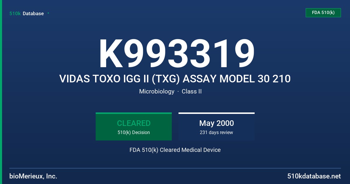 K993319 VIDAS TOXO IGG II (TXG) ASSAY MODEL 30 210 FDA 510(k) Cleared Medical Device