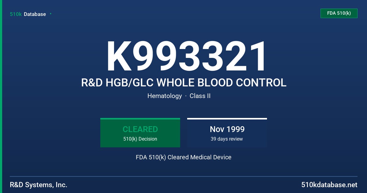 K993321 R&D HGB/GLC WHOLE BLOOD CONTROL FDA 510(k) Cleared Medical Device