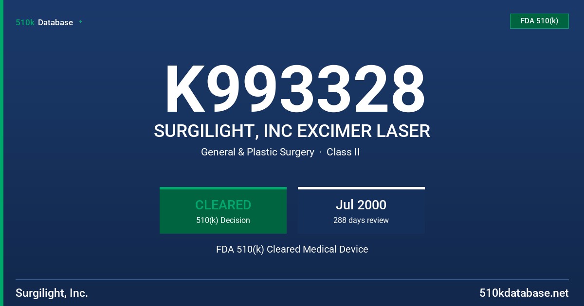 K993328 SURGILIGHT, INC EXCIMER LASER FDA 510(k) Cleared Medical Device
