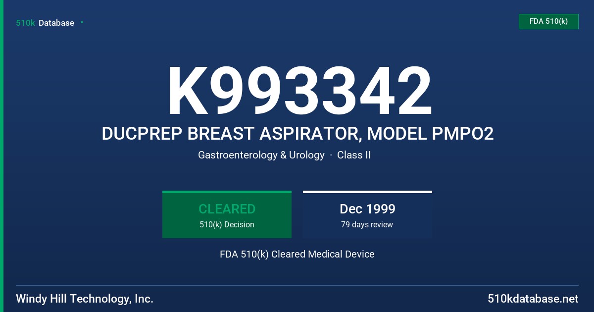 K993342 DUCPREP BREAST ASPIRATOR, MODEL PMPO2 FDA 510(k) Cleared Medical Device