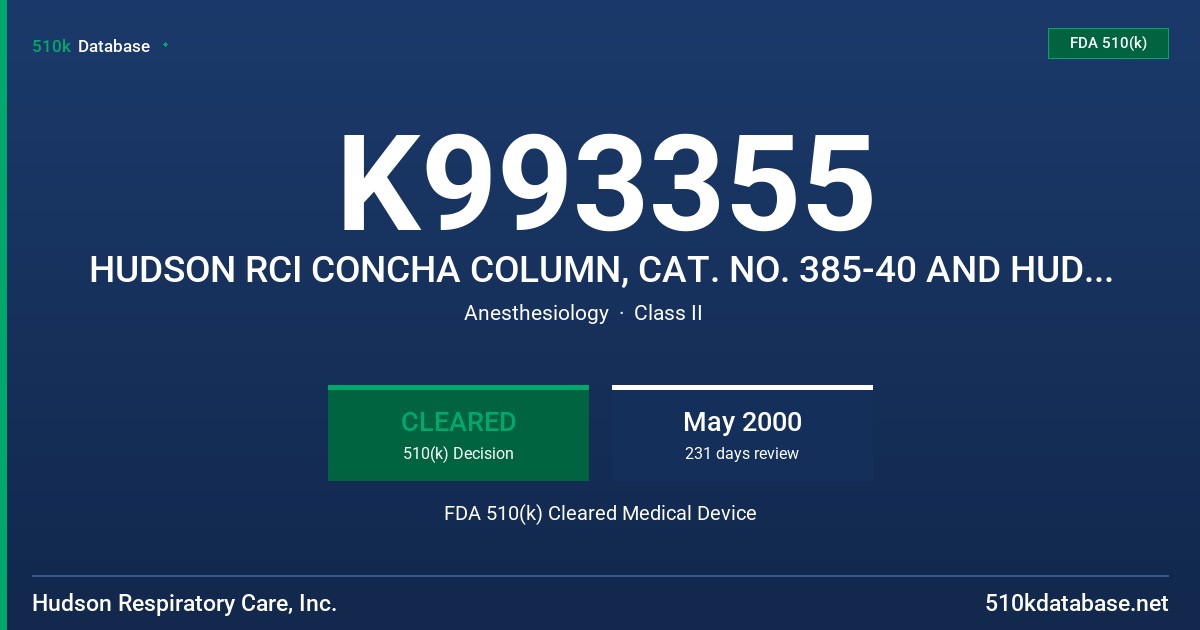 K993355 HUDSON RCI CONCHA COLUMN, CAT. NO. 385-40 AND HUDSON RCI CIRCUIT, CAT. NO. 780-40, 780-41, 780-42, 780-43 FDA 510(k) Cleared Medical Device