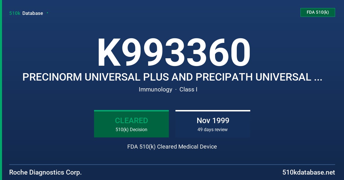 K993360 PRECINORM UNIVERSAL PLUS AND PRECIPATH UNIVERSAL PLUS CONTROL SERA FDA 510(k) Cleared Medical Device