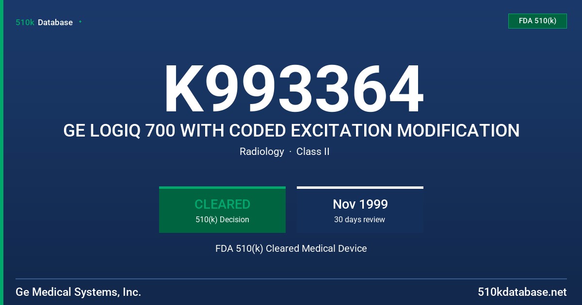 K993364 GE LOGIQ 700 WITH CODED EXCITATION MODIFICATION FDA 510(k) Cleared Medical Device