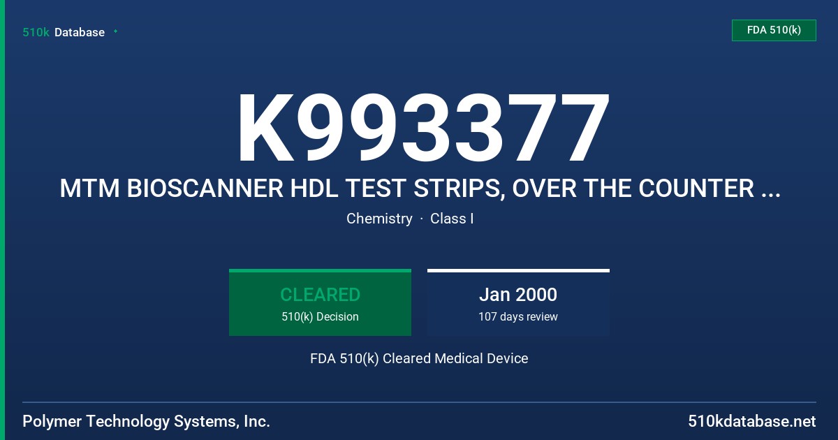 K993377 MTM BIOSCANNER HDL TEST STRIPS, OVER THE COUNTER (OTC) FDA 510(k) Cleared Medical Device