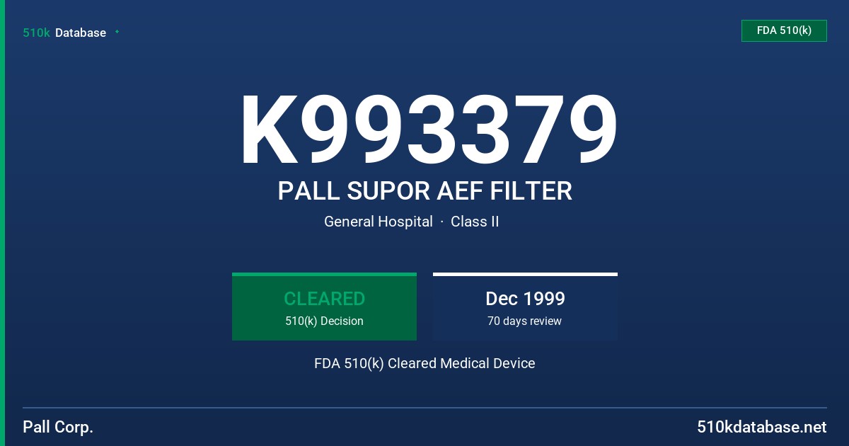 K993379 PALL SUPOR AEF FILTER FDA 510(k) Cleared Medical Device