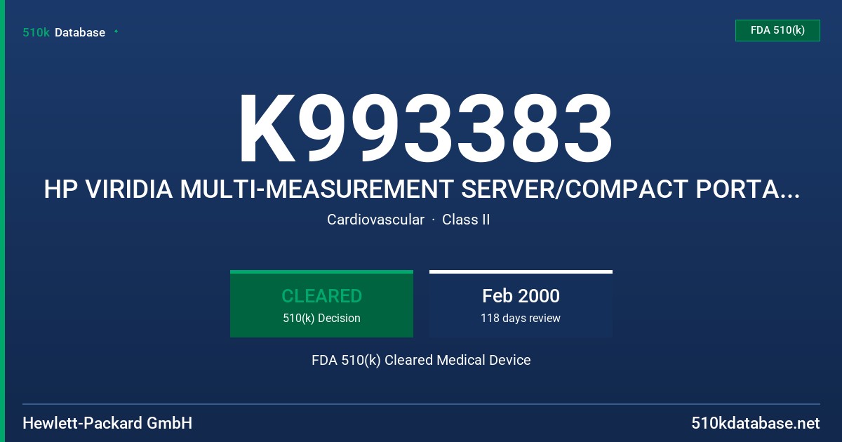 K993383 HP VIRIDIA MULTI-MEASUREMENT SERVER/COMPACT PORTABLE PATIENT MONITOR MODELS M3000A, M3046A, M3015A, REL.B FDA 510(k) Cleared Medical Device