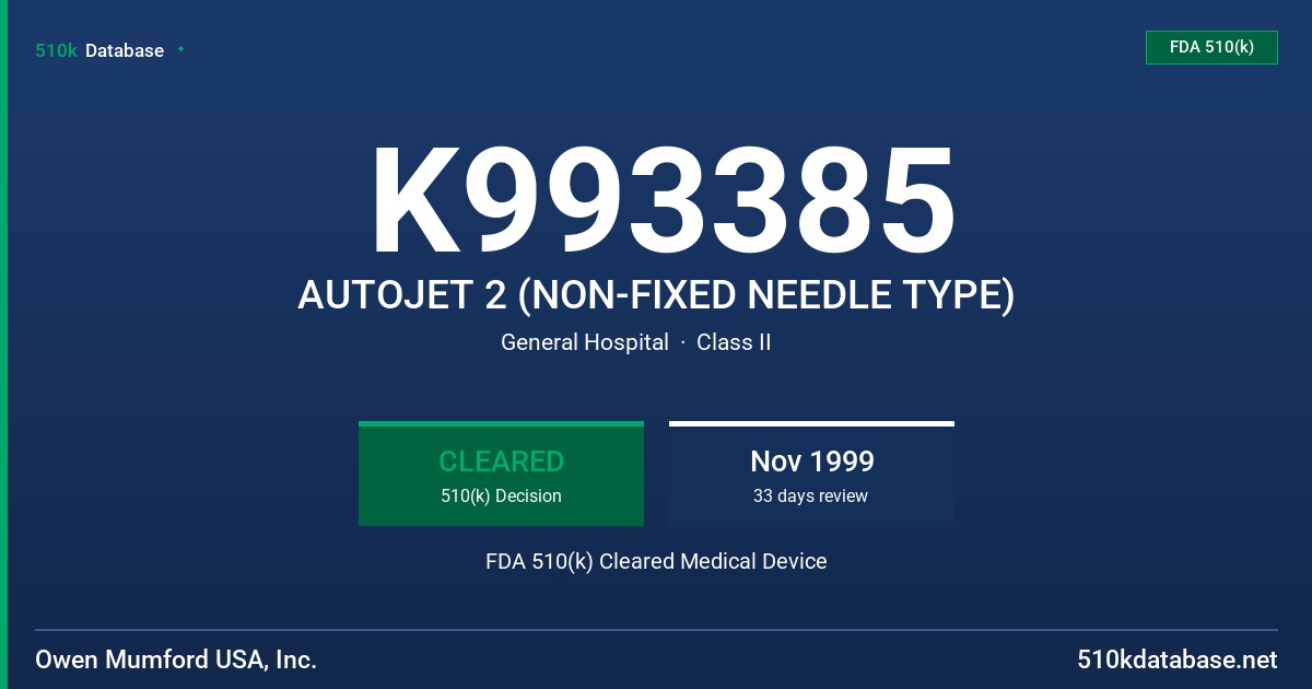 K993385 AUTOJET 2 (NON-FIXED NEEDLE TYPE) FDA 510(k) Cleared Medical Device