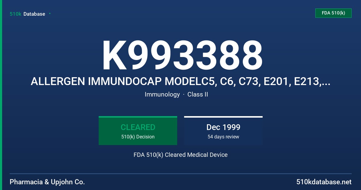 K993388 ALLERGEN IMMUNDOCAP MODELC5, C6, C73, E201, E213, F50, F51,F54, F55, F56, F57, F58, F59, F60, F61, F205, F213, F218, F FDA 510(k) Cleared Medical Device