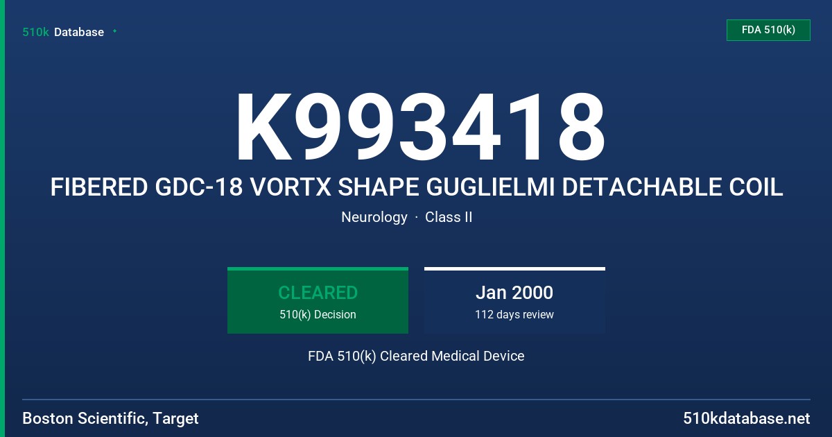 K993418 FIBERED GDC-18 VORTX SHAPE GUGLIELMI DETACHABLE COIL FDA 510(k) Cleared Medical Device