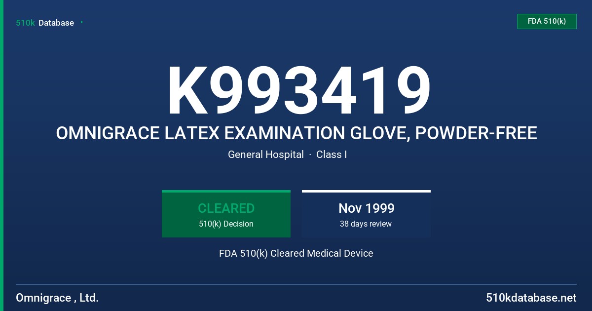 K993419 OMNIGRACE LATEX EXAMINATION GLOVE, POWDER-FREE FDA 510(k) Cleared Medical Device