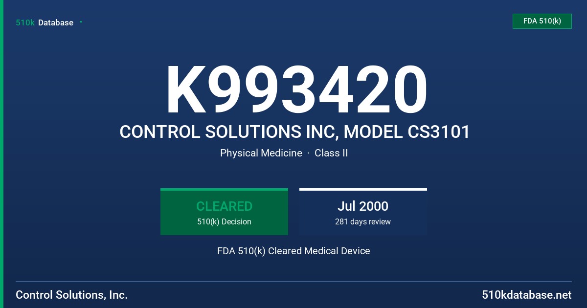 K993420 CONTROL SOLUTIONS INC, MODEL CS3101 FDA 510(k) Cleared Medical Device