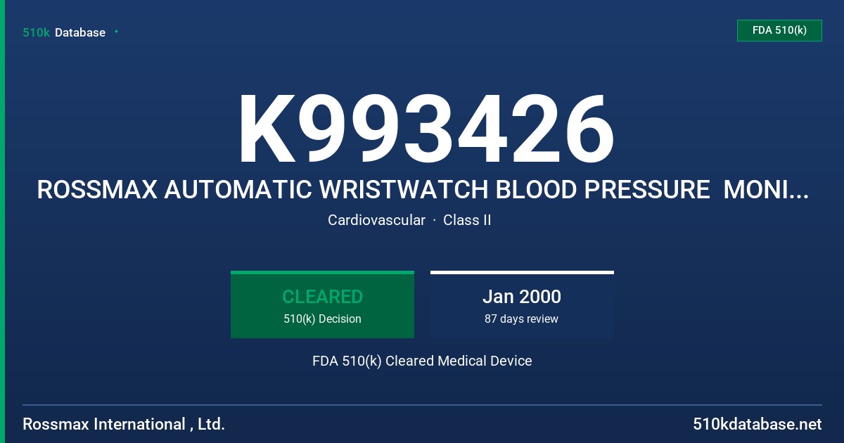 K993426 ROSSMAX AUTOMATIC WRISTWATCH BLOOD PRESSURE  MONITOR, MODEL Z44 FDA 510(k) Cleared Medical Device