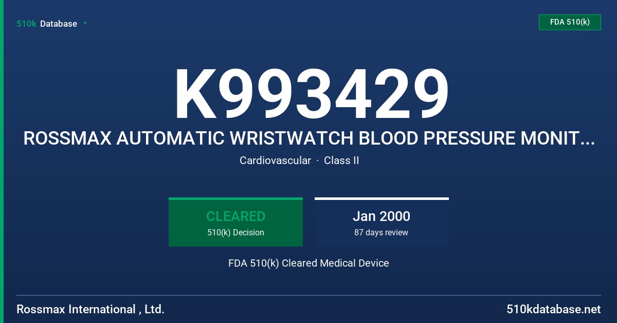 K993429 ROSSMAX AUTOMATIC WRISTWATCH BLOOD PRESSURE MONITOR, MODEL Z40 FDA 510(k) Cleared Medical Device