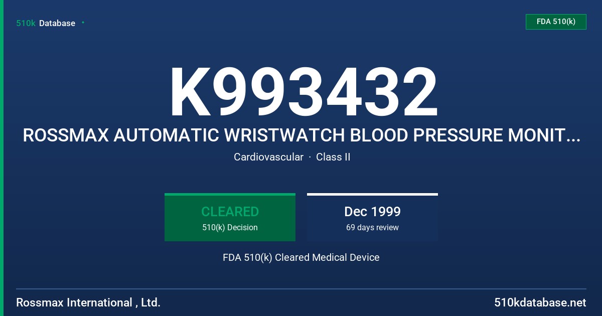 K993432 ROSSMAX AUTOMATIC WRISTWATCH BLOOD PRESSURE MONITOR, MODEL Z46 FDA 510(k) Cleared Medical Device
