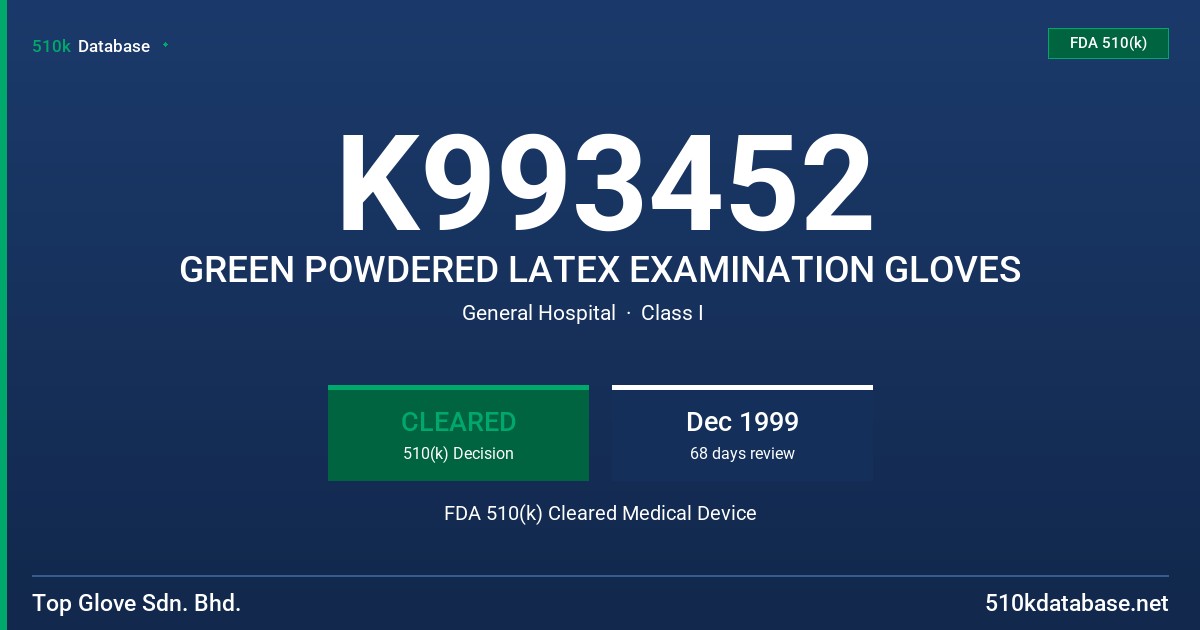 K993452 GREEN POWDERED LATEX EXAMINATION GLOVES FDA 510(k) Cleared Medical Device