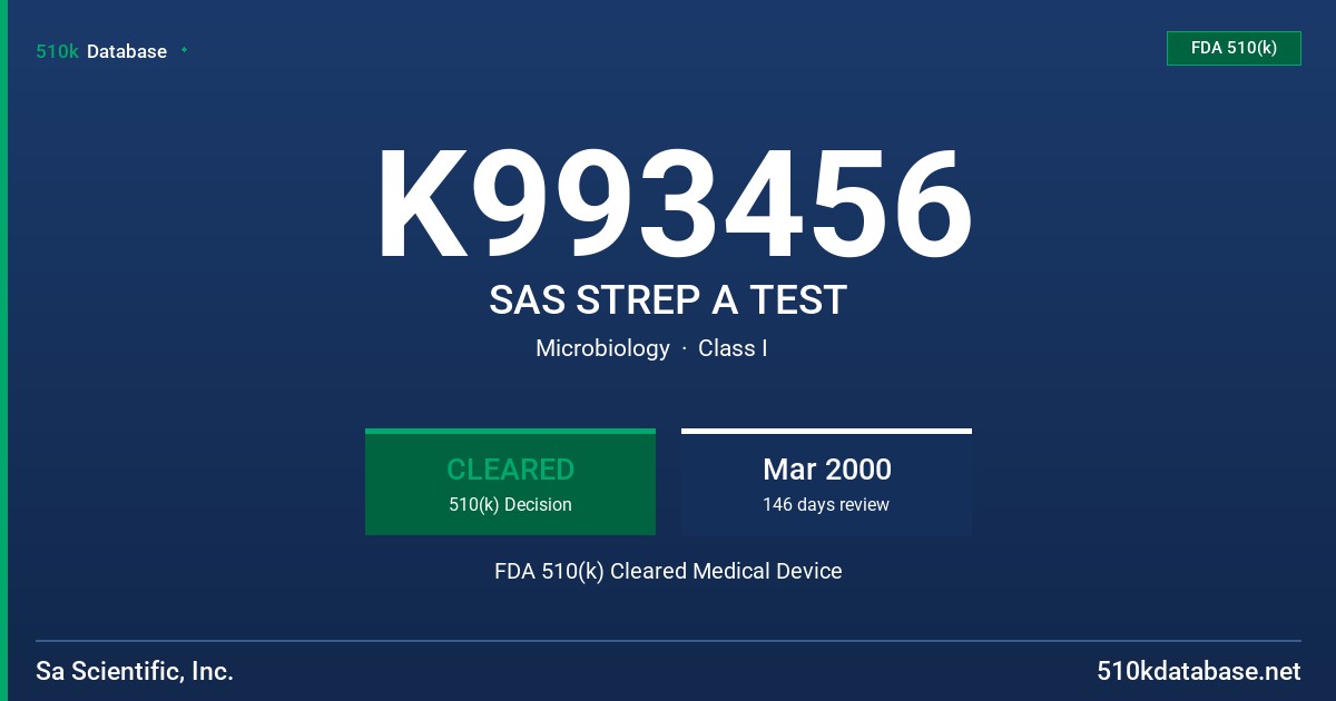 K993456 SAS STREP A TEST FDA 510(k) Cleared Medical Device