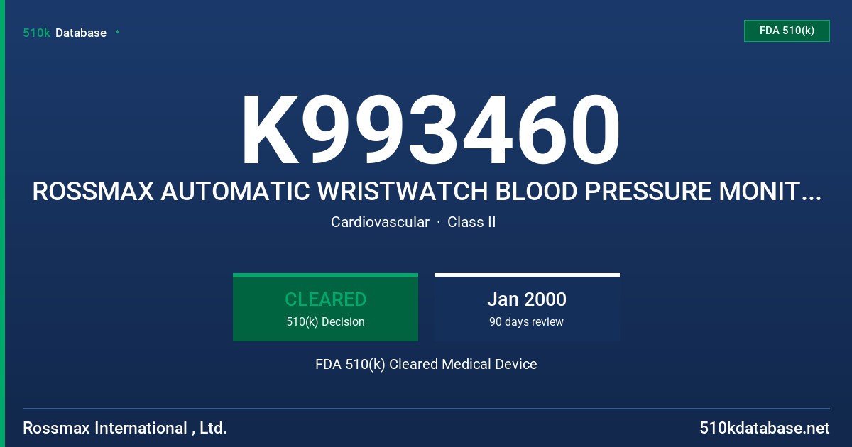 K993460 ROSSMAX AUTOMATIC WRISTWATCH BLOOD PRESSURE MONITOR, MODEL Z43 FDA 510(k) Cleared Medical Device
