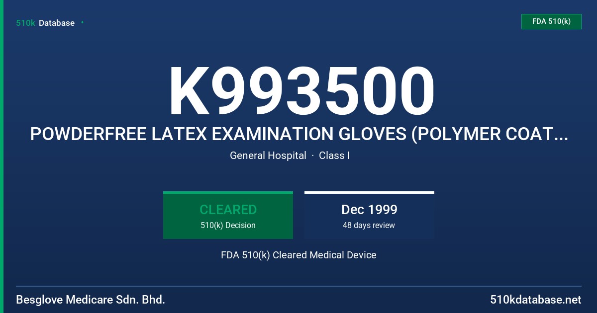 K993500 POWDERFREE LATEX EXAMINATION GLOVES (POLYMER COATED) (PROTEIN LABEL OF 50 MCROGRAM OR LESS) FDA 510(k) Cleared Medical Device