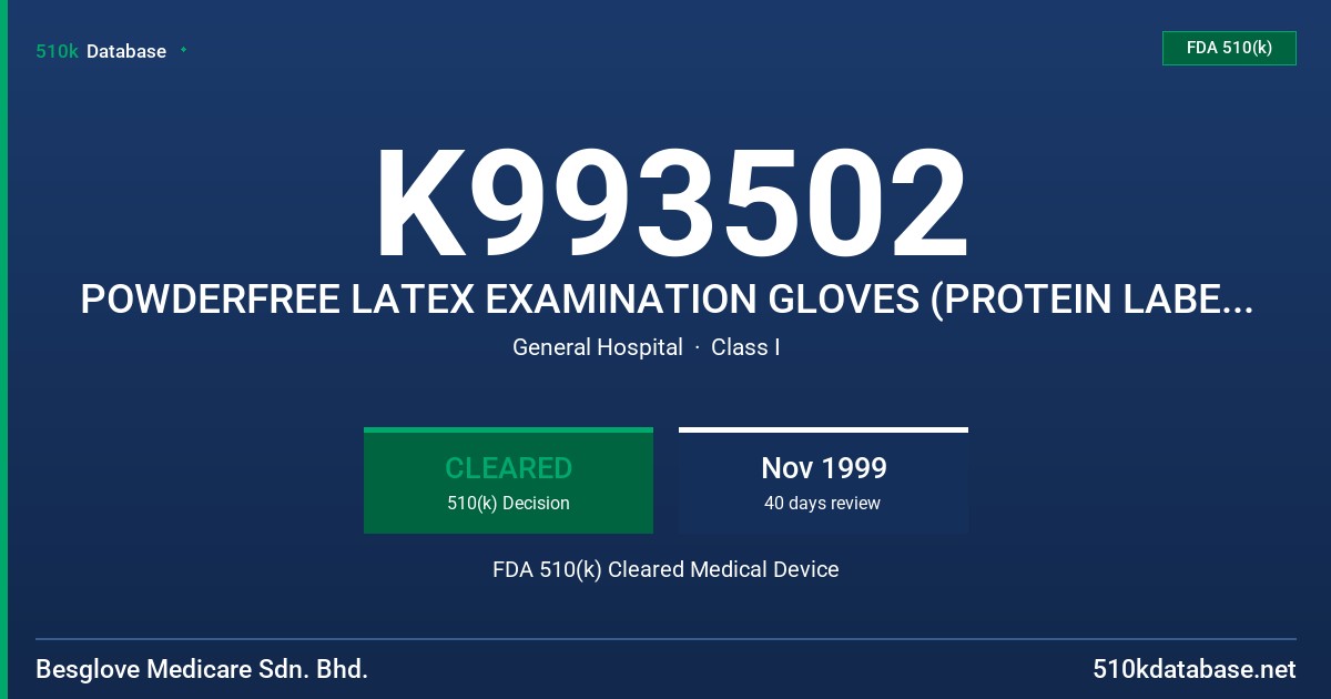 K993502 POWDERFREE LATEX EXAMINATION GLOVES (PROTEIN LABEL CLAIM 50 MICROGRAMS OR LESS) FDA 510(k) Cleared Medical Device