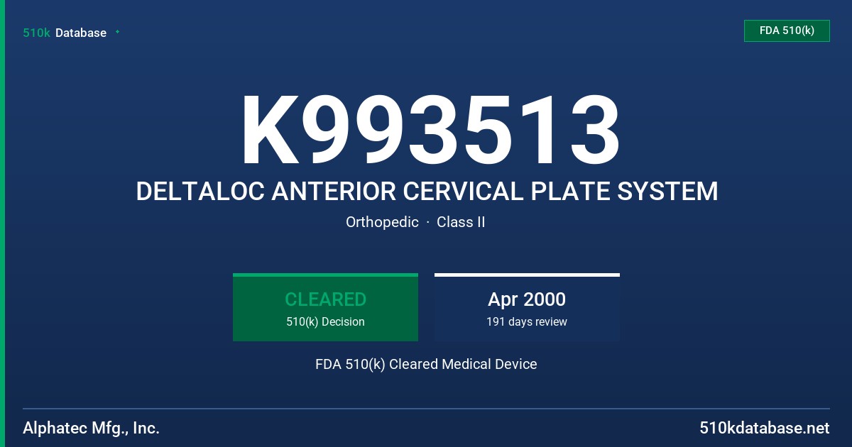 K993513 DELTALOC ANTERIOR CERVICAL PLATE SYSTEM FDA 510(k) Cleared Medical Device