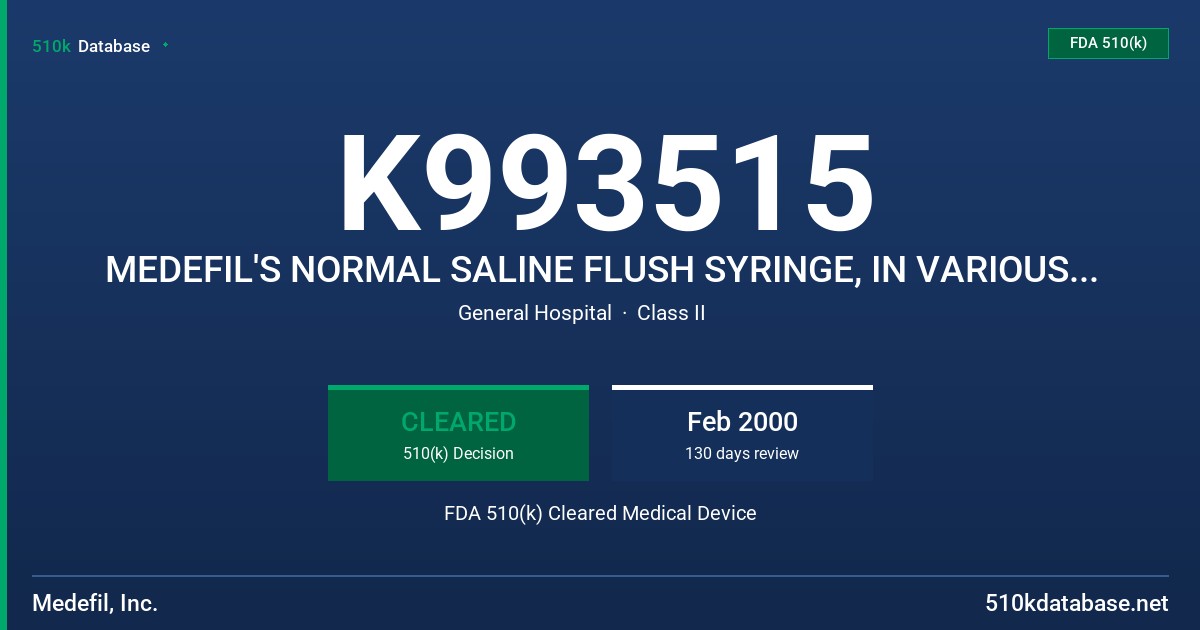 K993515 MEDEFIL'S NORMAL SALINE FLUSH SYRINGE, IN VARIOUS FILL SIZES - 1 ML FILL IN 3 ML SYRINGE LL FDA 510(k) Cleared Medical Device