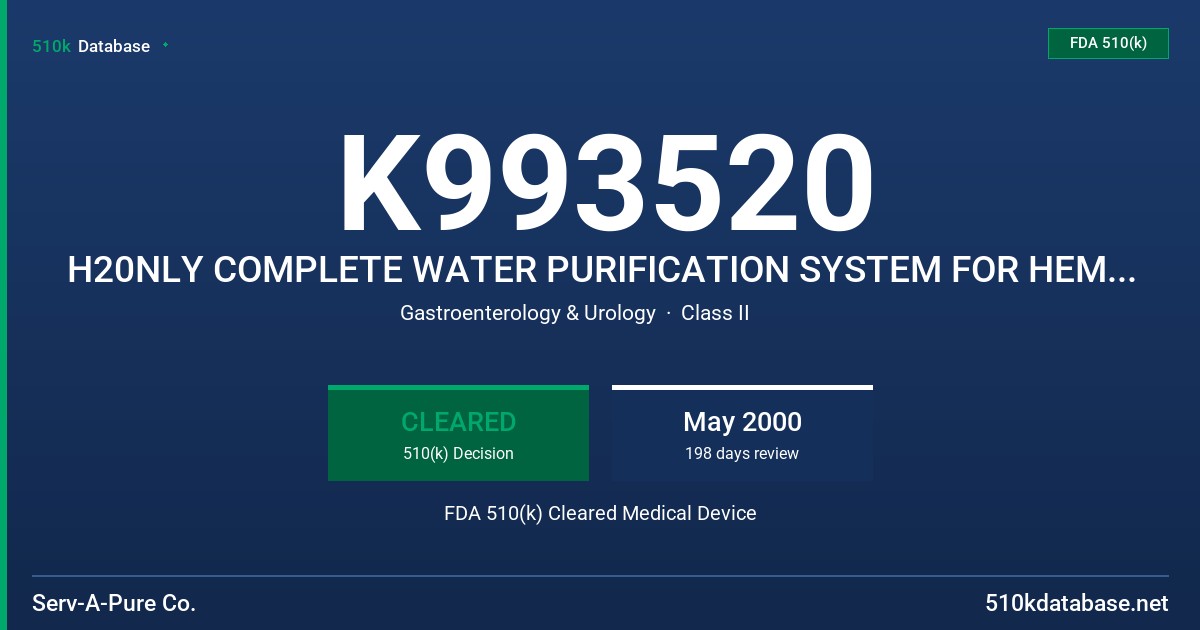 K993520 H20NLY COMPLETE WATER PURIFICATION SYSTEM FOR HEMODIALYSIS FDA 510(k) Cleared Medical Device