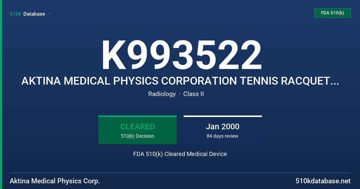 K993522 AKTINA MEDICAL PHYSICS CORPORATION TENNIS RACQUET INSERT FDA 510(k) Cleared Medical Device