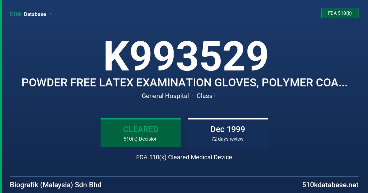 K993529 POWDER FREE LATEX EXAMINATION GLOVES, POLYMER COATED WITH PROTEIN CONTENT LABELING CLAIM (50 MICROGRAMS OR LESS) FDA 510(k) Cleared Medical Device