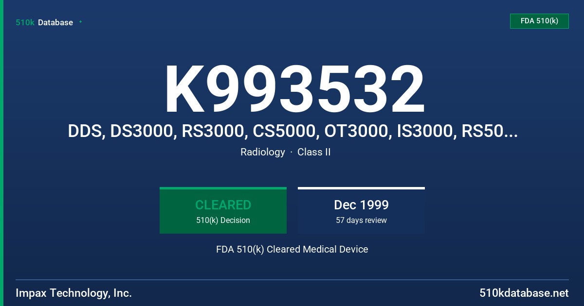 K993532 DDS, DS3000, RS3000, CS5000, OT3000, IS3000, RS5000, CD3000, US3000, (AMONGST OTHER NAMES) FDA 510(k) Cleared Medical Device
