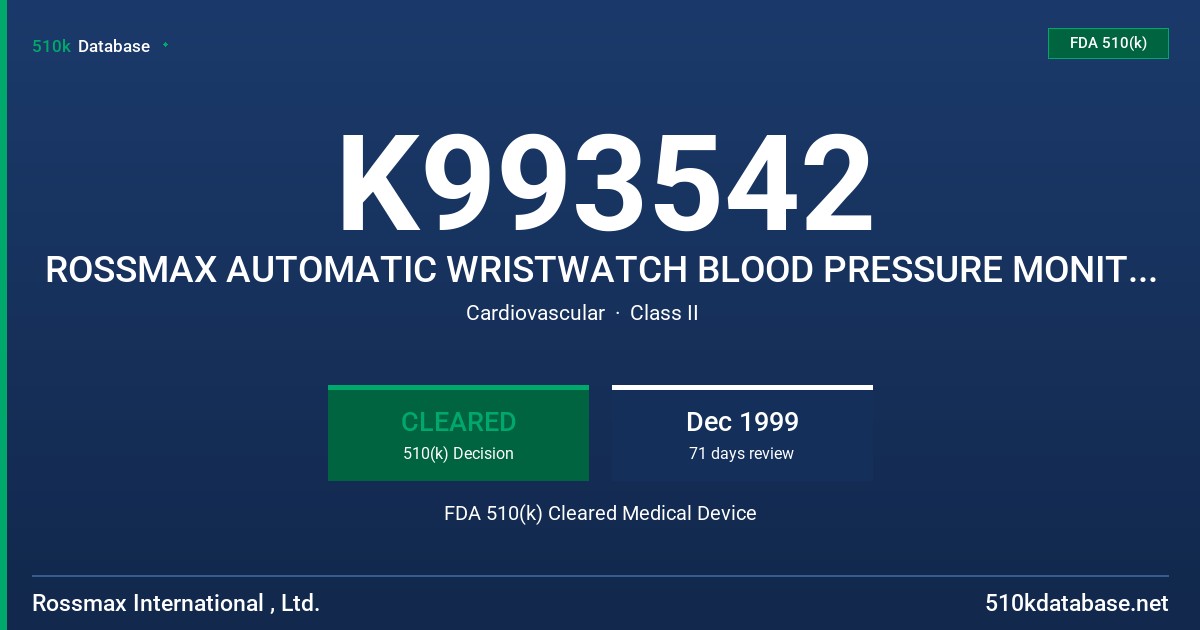 K993542 ROSSMAX AUTOMATIC WRISTWATCH BLOOD PRESSURE MONITOR, MODEL V46 FDA 510(k) Cleared Medical Device
