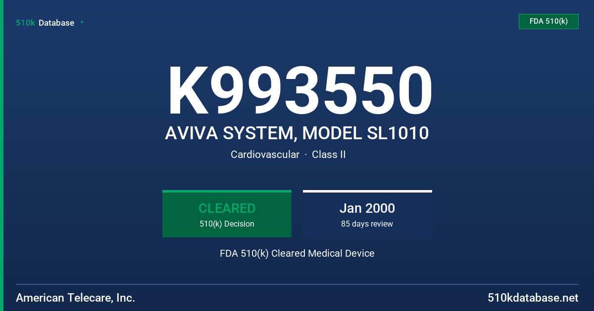 K993550 AVIVA SYSTEM, MODEL SL1010 FDA 510(k) Cleared Medical Device