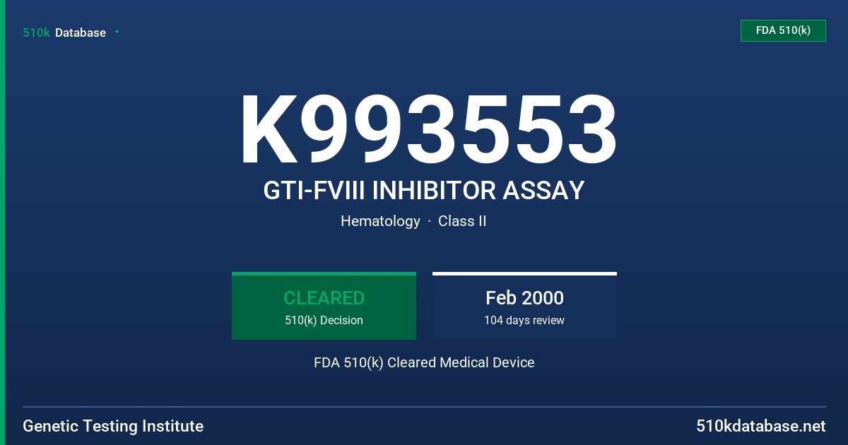 K993553 GTI-FVIII INHIBITOR ASSAY FDA 510(k) Cleared Medical Device