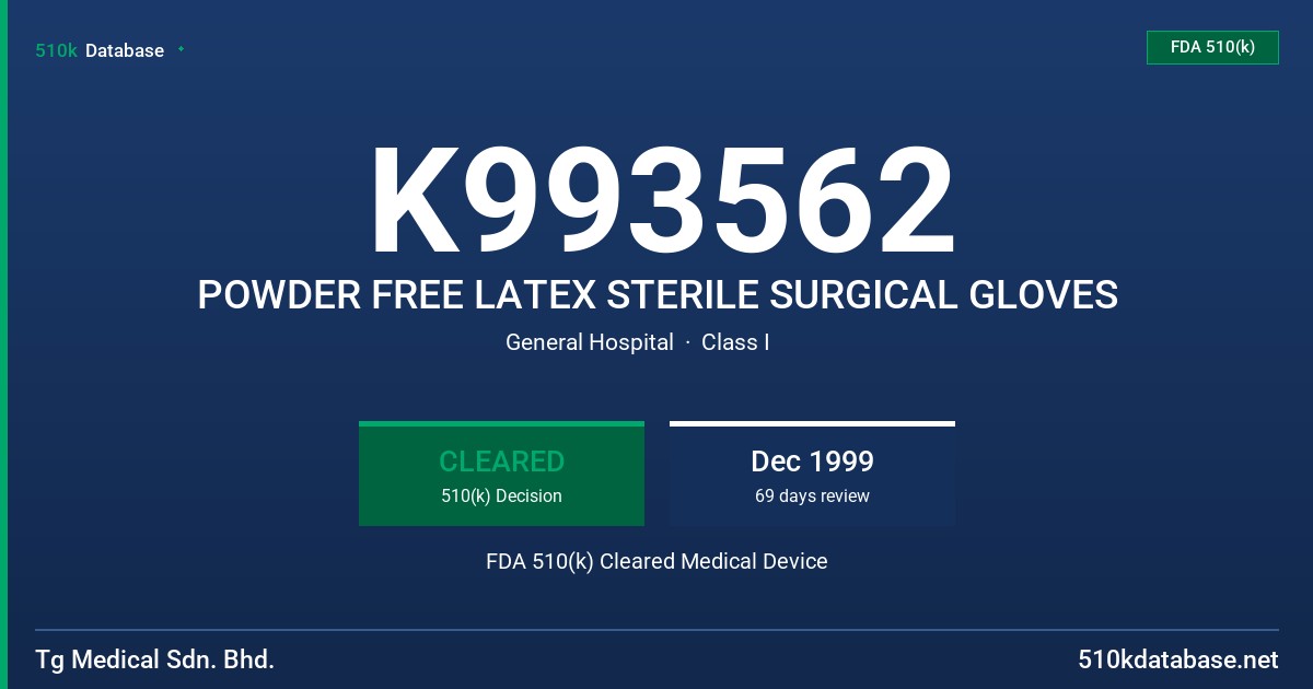 K993562 POWDER FREE LATEX STERILE SURGICAL GLOVES FDA 510(k) Cleared Medical Device