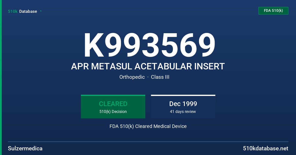 K993569 APR METASUL ACETABULAR INSERT FDA 510(k) Cleared Medical Device