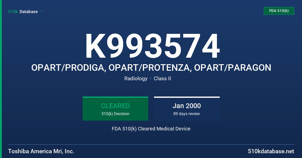 K993574 OPART/PRODIGA, OPART/PROTENZA, OPART/PARAGON FDA 510(k) Cleared Medical Device