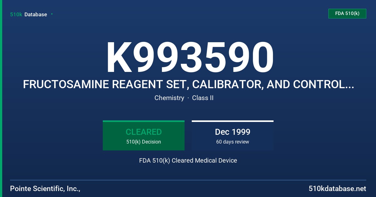 K993590 FRUCTOSAMINE REAGENT SET, CALIBRATOR, AND CONTROL SET FDA 510(k) Cleared Medical Device