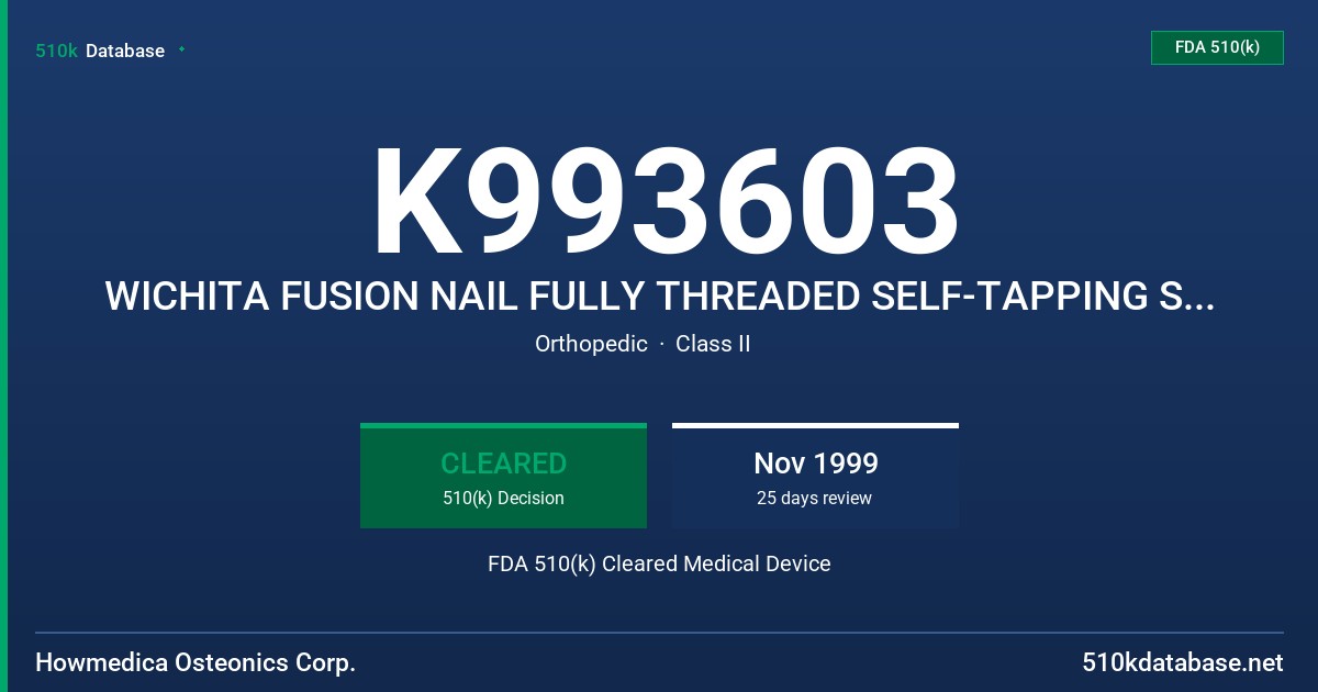 K993603 WICHITA FUSION NAIL FULLY THREADED SELF-TAPPING SCREW FDA 510(k) Cleared Medical Device