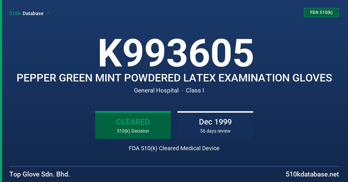 K993605 PEPPER GREEN MINT POWDERED LATEX EXAMINATION GLOVES FDA 510(k) Cleared Medical Device