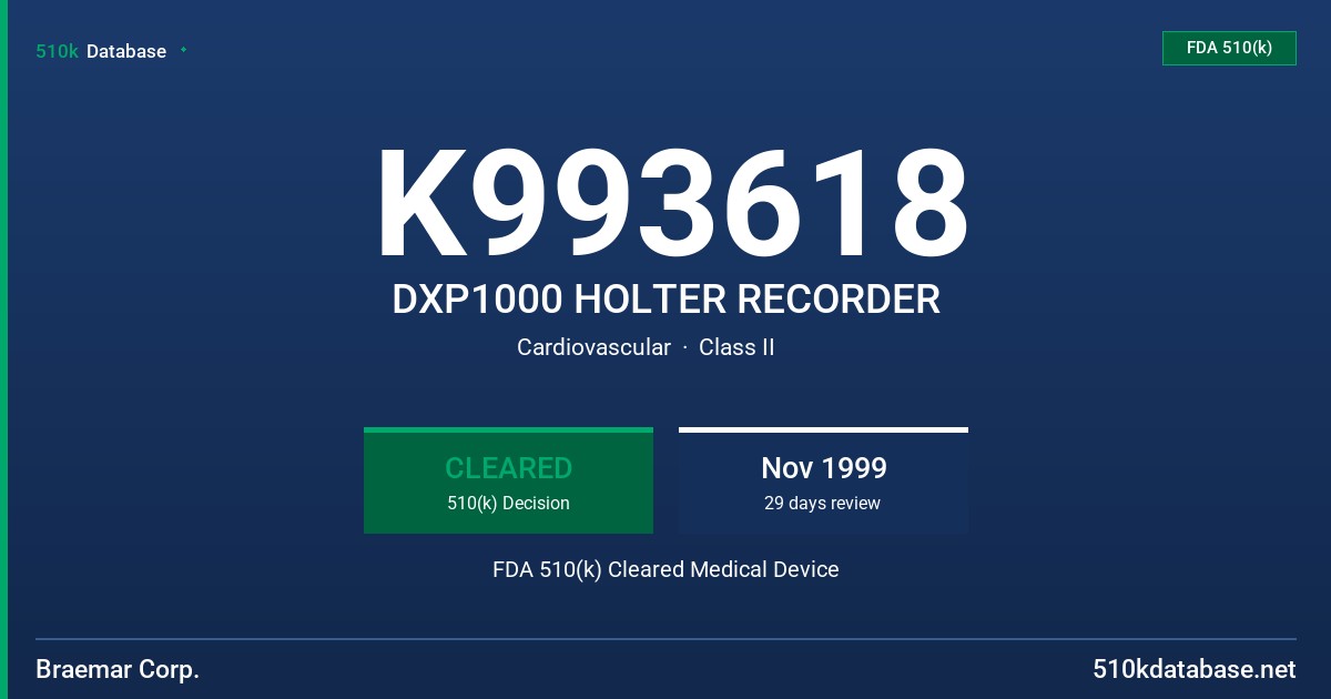 K993618 DXP1000 HOLTER RECORDER FDA 510(k) Cleared Medical Device