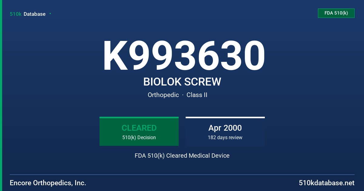 K993630 BIOLOK SCREW FDA 510(k) Cleared Medical Device