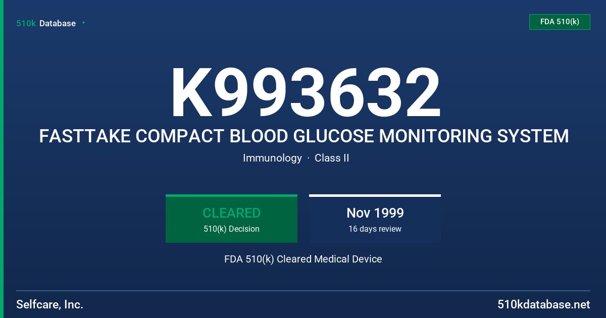 K993632 FASTTAKE COMPACT BLOOD GLUCOSE MONITORING SYSTEM FDA 510(k) Cleared Medical Device