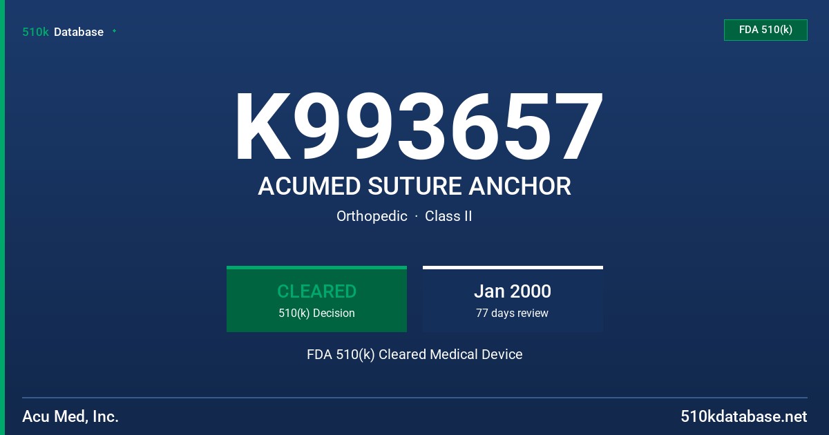 K993657 ACUMED SUTURE ANCHOR FDA 510(k) Cleared Medical Device